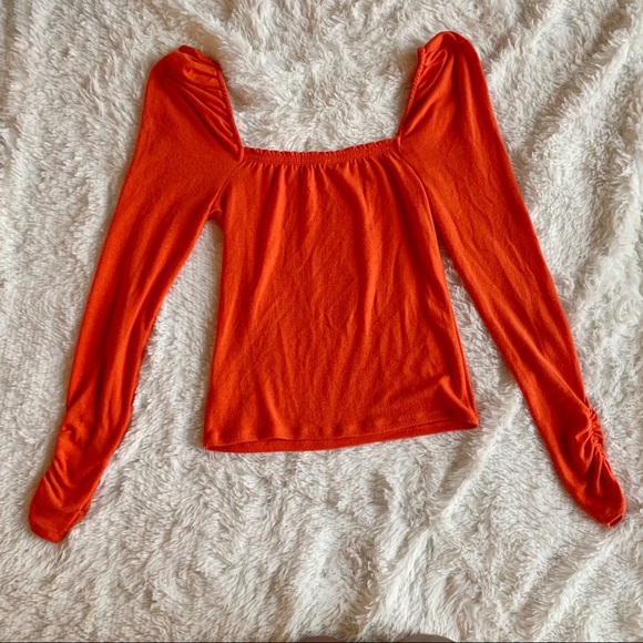 ❌SOLD❌Something Navy Orange Puff Shoulder Top Sz S - Picture 4 of 8